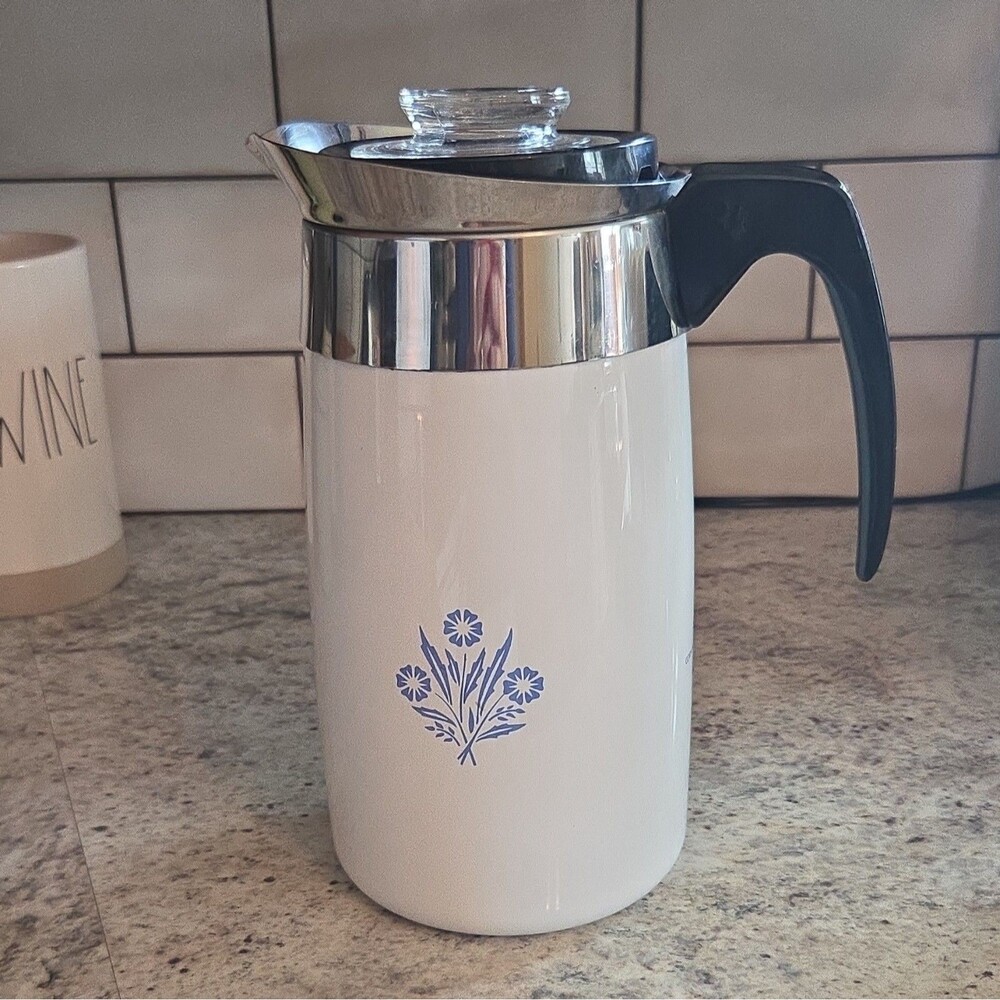 10-Cup Coffee Pot/Carafe Server Blue Floral Pattern, Spout, Lid